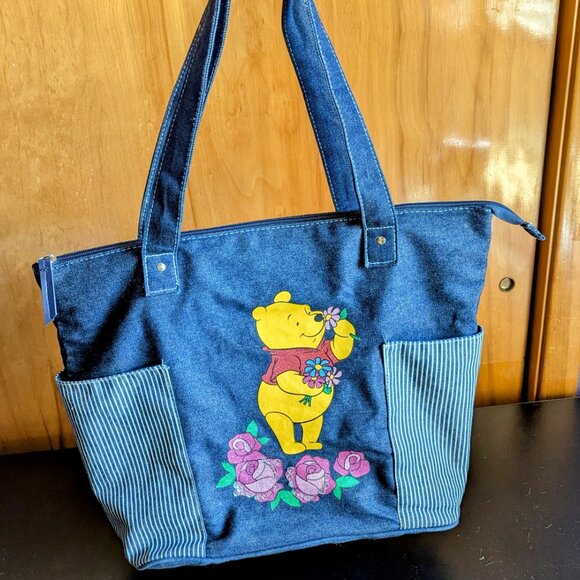 Disney Winnie the Pooh Denim Tote Bag – Floral Design with Side Pockets - Picture 1 of 7